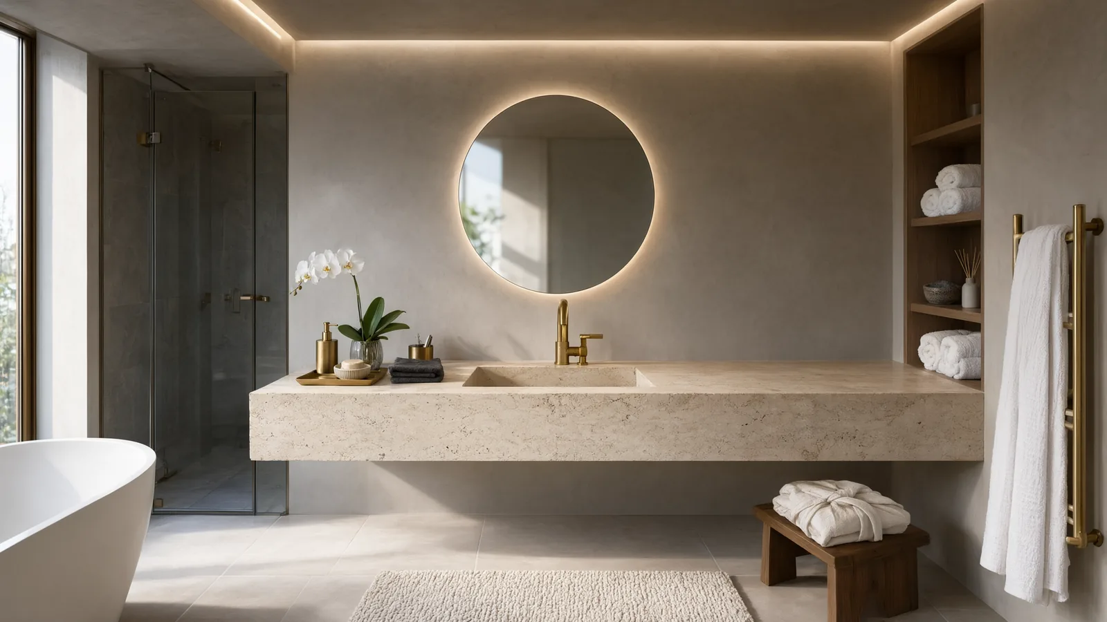 Brushed gold brass basin faucet in a luxury hotel bathroom
